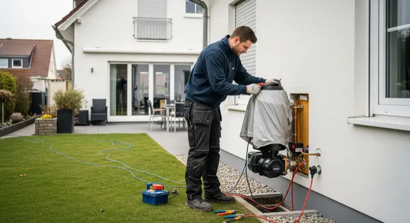 Wärmepumpen-Außeneinheit wird von Installateur an Karlsruher Einfamilienhaus montiert