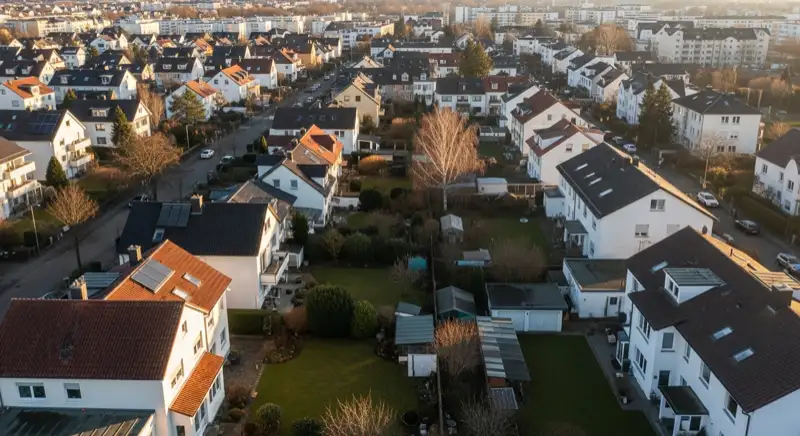 Aerial drone view of typical German residential neighborhood with mixed roof types, red and dark roof tiles, gardens visible, sunny day