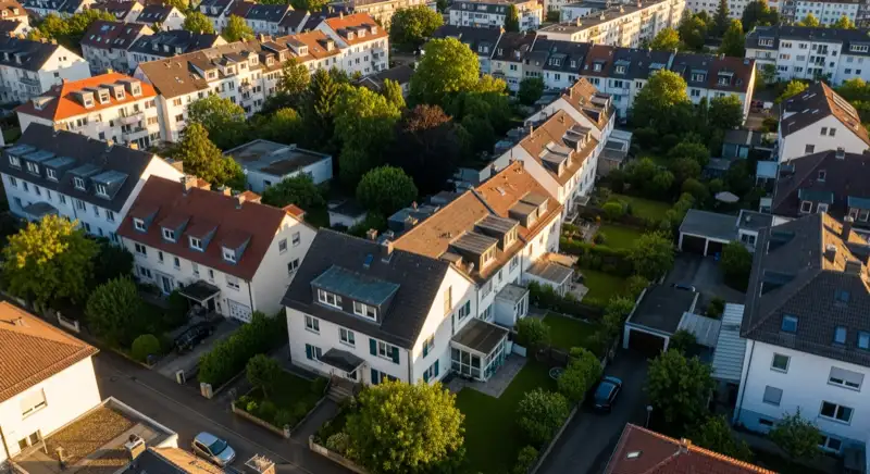 Aerial drone view of typical German residential neighborhood with mixed roof types, red and dark roof tiles, gardens visible, sunny day