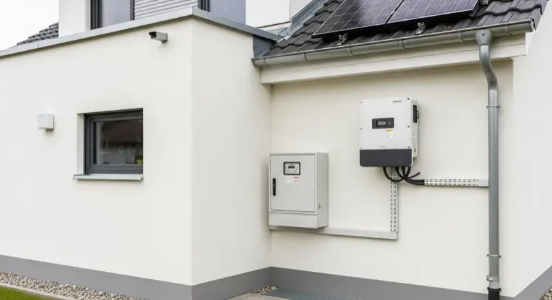 Modern German electrical meter cabinet (Zählerschrank) with smart meter and solar inverter connection, clean technical installation
