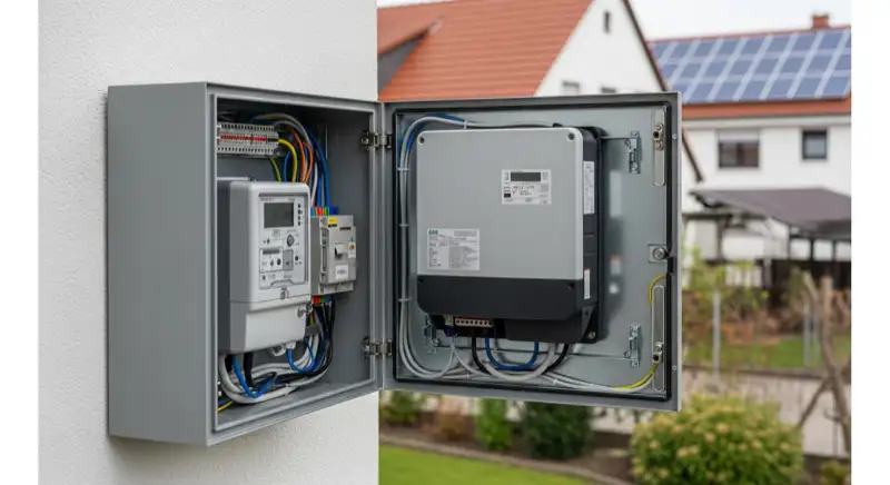 Modern German electrical meter cabinet (Zählerschrank) with smart meter and solar inverter connection, clean technical installation