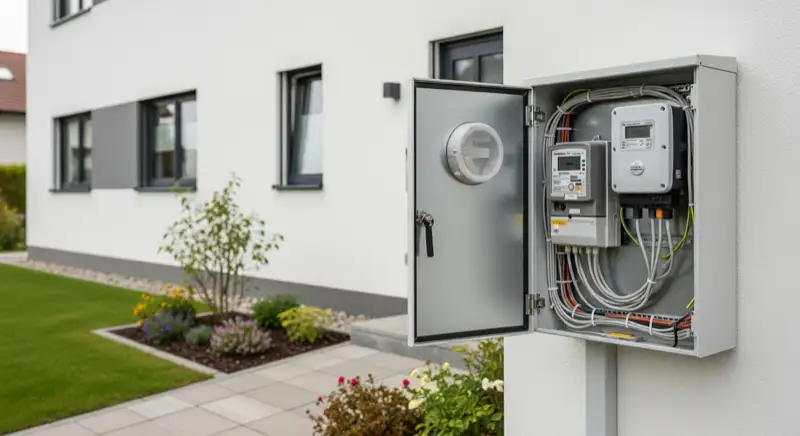 Modern German electrical meter cabinet (Zählerschrank) with smart meter and solar inverter connection, clean technical installation