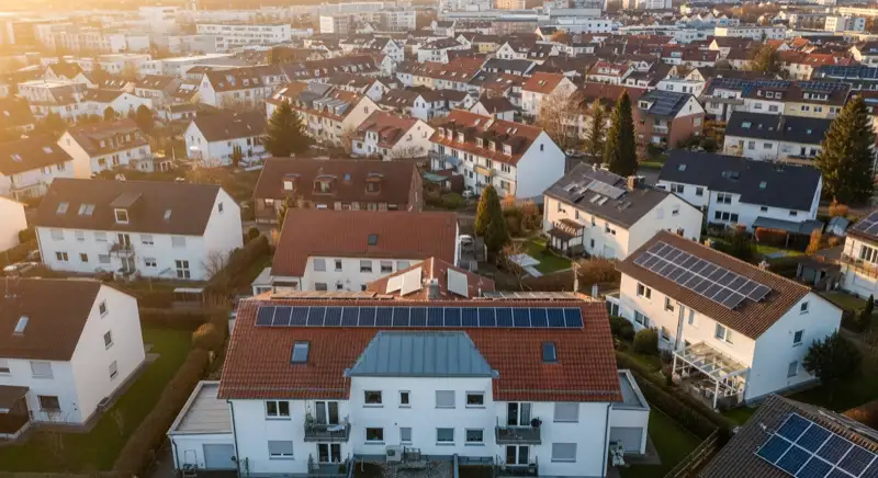 Aerial drone view of typical German residential neighborhood with mixed roof types, red and dark roof tiles, gardens visible, sunny day