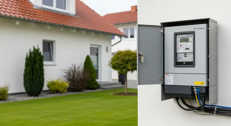 Modern German electrical meter cabinet (Zählerschrank) with smart meter and solar inverter connection, clean technical installation