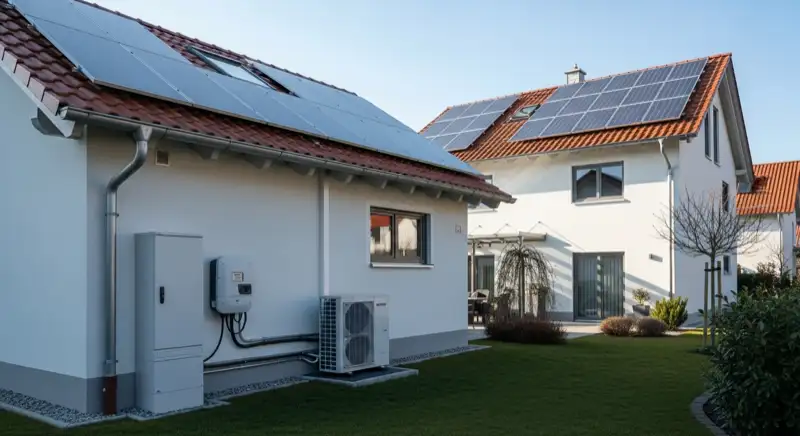 Modern German electrical meter cabinet (Zählerschrank) with smart meter and solar inverter connection, clean technical installation