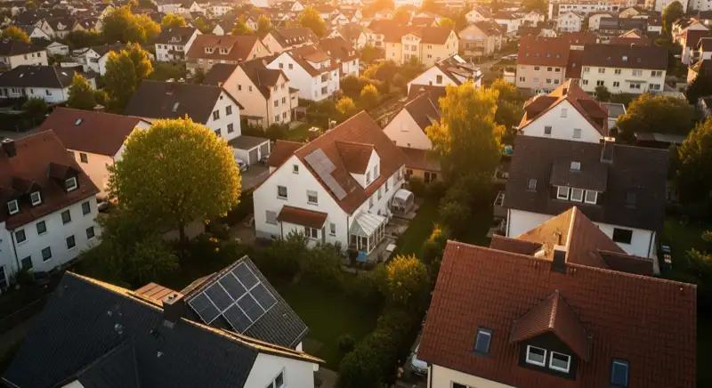 Aerial drone view of typical German residential neighborhood with mixed roof types, red and dark roof tiles, gardens visible, sunny day