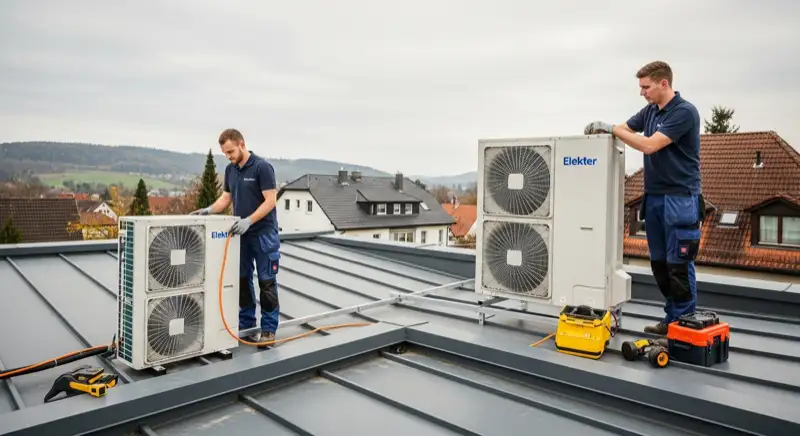 Elektriker installiert Wärmepumpen-Außengerät in Kaufbeuren mit Lechwerke-Anschluss