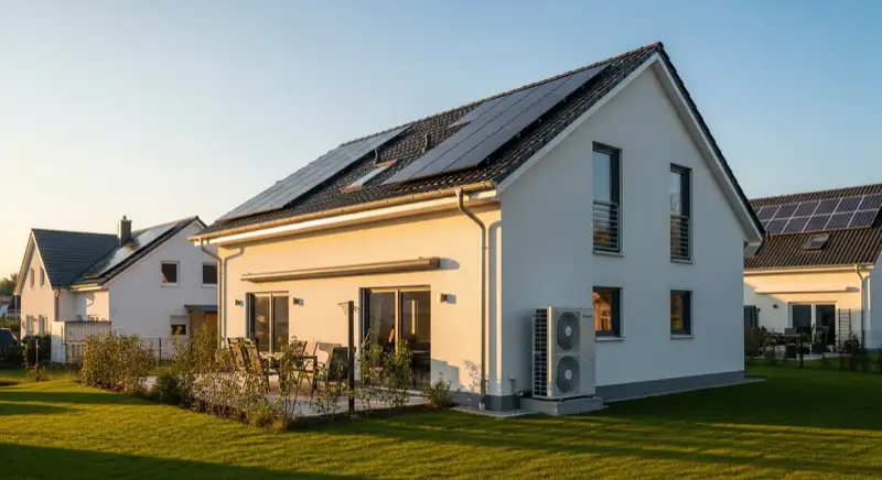 Moderner Neubau in Bad Honnef mit Wärmepumpe neben Terrasse und Garten
