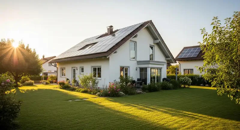 German detached house (Einfamilienhaus) with photovoltaic panels on pitched roof, well-maintained garden, warm afternoon sunlight