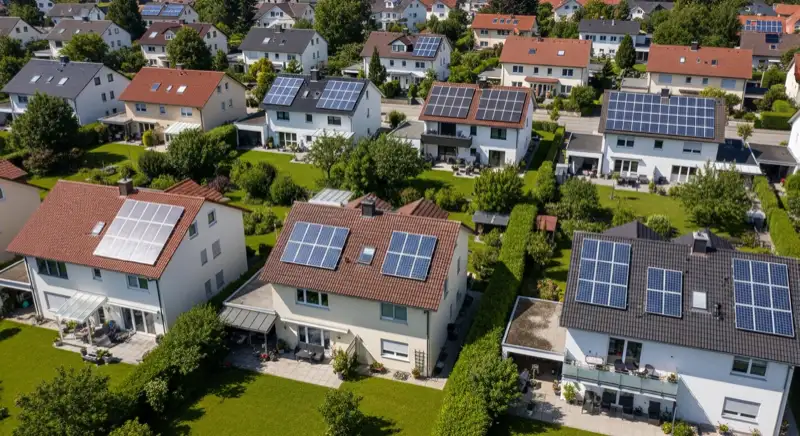 Aerial drone view of typical German residential neighborhood with mixed roof types, red and dark roof tiles, gardens visible, sunny day
