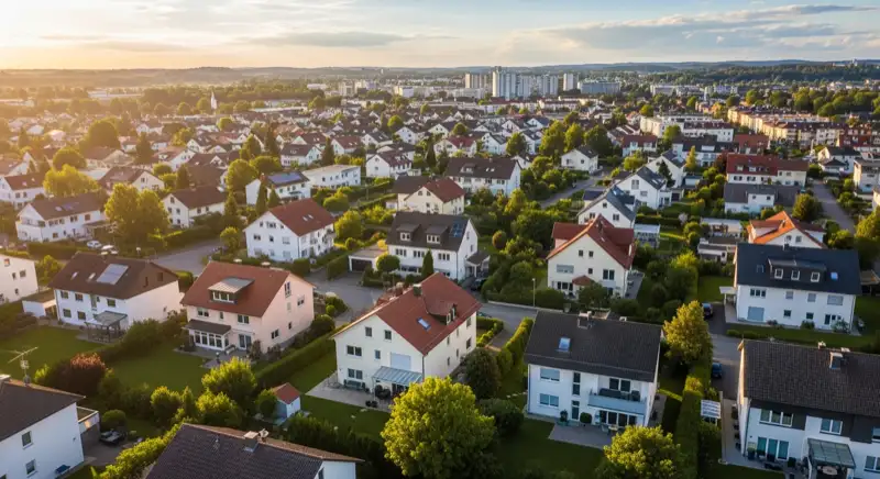 Aerial drone view of typical German residential neighborhood with mixed roof types, red and dark roof tiles, gardens visible, sunny day