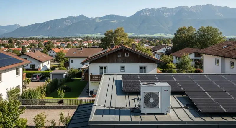 Moderne Wärmepumpe vor typischem Allgäuer Haus in Kempten mit Alpenpanorama