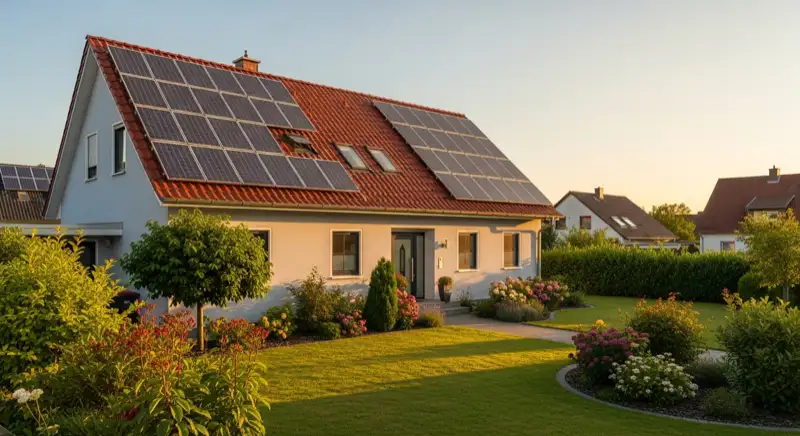 German detached house (Einfamilienhaus) with photovoltaic panels on pitched roof, well-maintained garden, warm afternoon sunlight