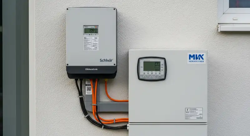 Modern German electrical meter cabinet (Zählerschrank) with smart meter and solar inverter connection, clean technical installation