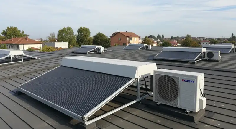 Aerial drone view of typical German residential neighborhood with mixed roof types, red and dark roof tiles, gardens visible, sunny day