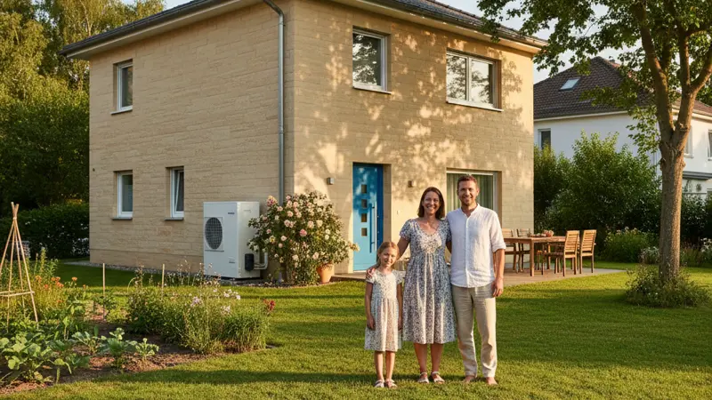 Kieler Familie vor Einfamilienhaus mit Wärmepumpe und Blick auf die Förde