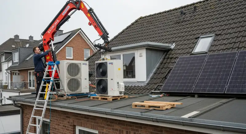Techniker installiert Wärmepumpen-Außeneinheit vor einem typischen Kieler Einfamilienhaus mit Backstein-Fassade