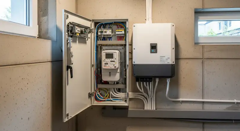 Modern German electrical meter cabinet (Zählerschrank) with smart meter and solar inverter connection, clean technical installation