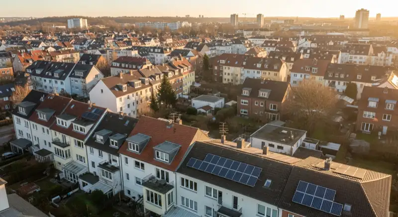 Aerial drone view of typical German residential neighborhood with mixed roof types, red and dark roof tiles, gardens visible, sunny day