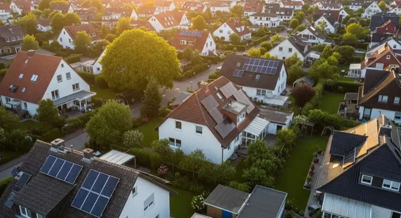 Aerial drone view of typical German residential neighborhood with mixed roof types, red and dark roof tiles, gardens visible, sunny day