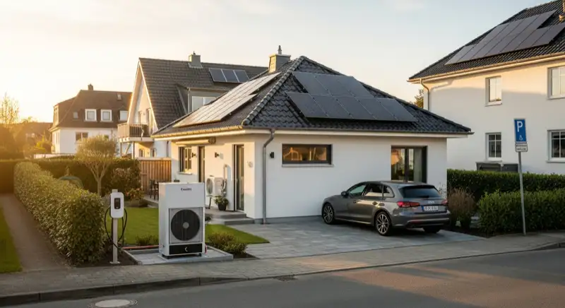 Modernes Einfamilienhaus in Kiel mit Luft-Wärmepumpe im Garten und Wallbox-Ladestation für E-Auto in der Einfahrt