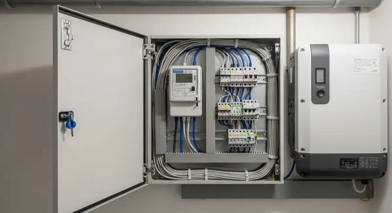 Modern German electrical meter cabinet (Zählerschrank) with smart meter and solar inverter connection, clean technical installation