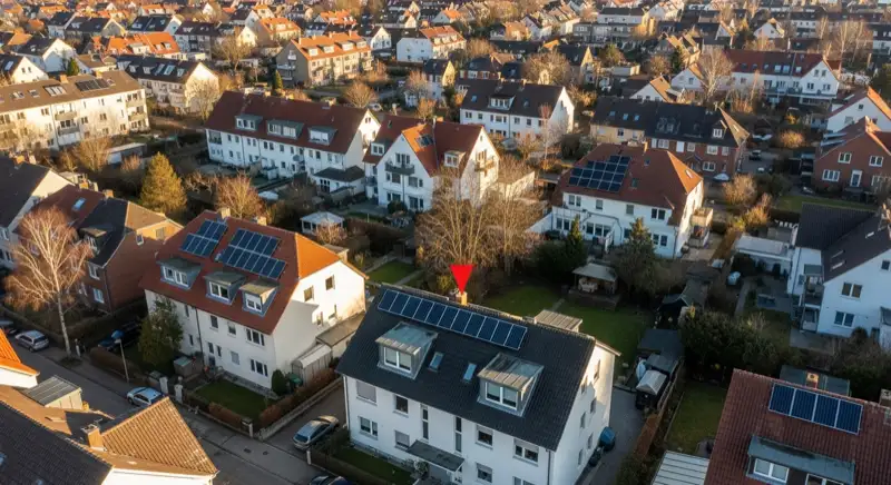 Aerial drone view of typical German residential neighborhood with mixed roof types, red and dark roof tiles, gardens visible, sunny day