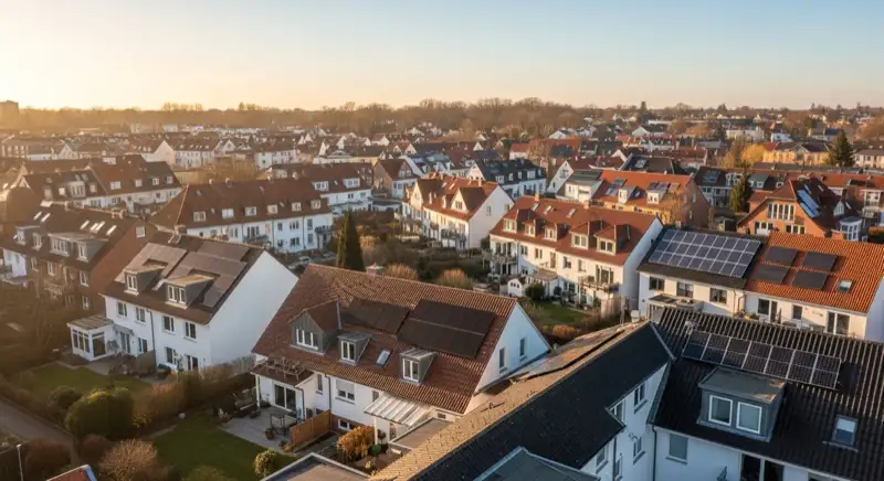 Aerial drone view of typical German residential neighborhood with mixed roof types, red and dark roof tiles, gardens visible, sunny day