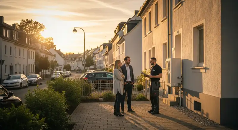 Einfamilienhaus mit Wärmepumpe im Vorgarten in einem Koblenzer Wohngebiet mit typischer Backstein-Architektur