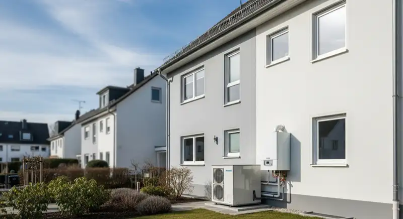 Einfamilienhaus mit Wärmepumpe im Vorgarten in einem Koblenzer Wohngebiet mit typischer Backstein-Architektur