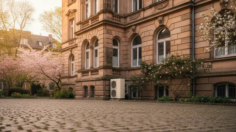 Luft-Wasser-Wärmepumpe im Garten eines Aachener Einfamilienhauses im Süden der Stadt