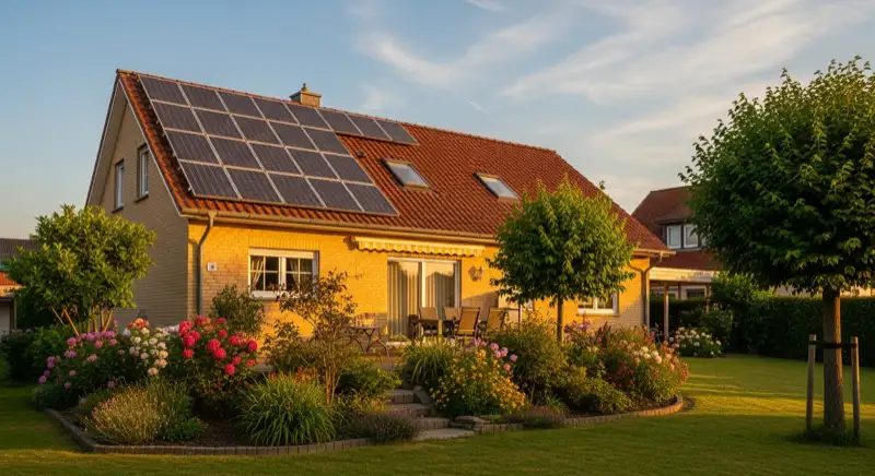 German detached house (Einfamilienhaus) with photovoltaic panels on pitched roof, well-maintained garden, warm afternoon sunlight