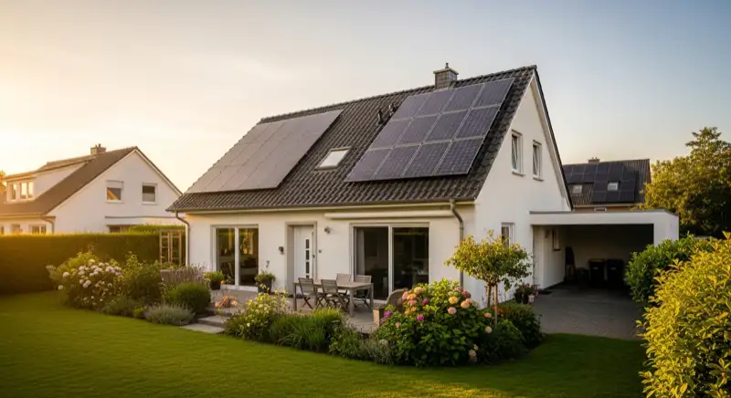 German detached house (Einfamilienhaus) with photovoltaic panels on pitched roof, well-maintained garden, warm afternoon sunlight