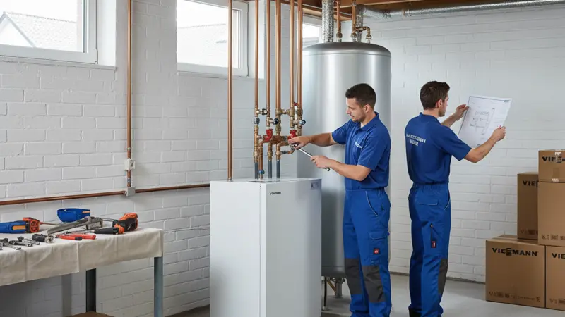 Techniker bei der Wartung einer Wärmepumpe in einem Aachener Einfamilienhaus