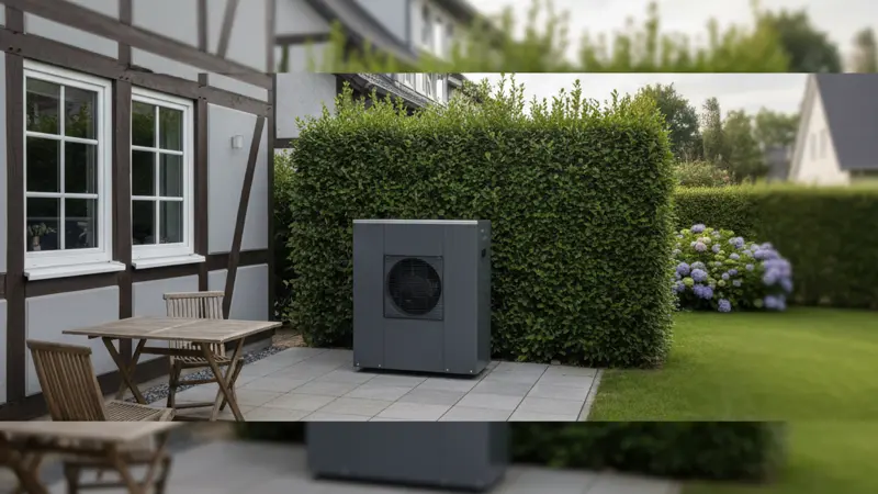 Heizungsmonteur installiert eine Wärmepumpe im Keller eines Aachener Reihenhauses