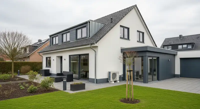 Einfamilienhaus in Aachen mit moderner Luft-Wärmepumpen-Außeneinheit im gepflegten Garten