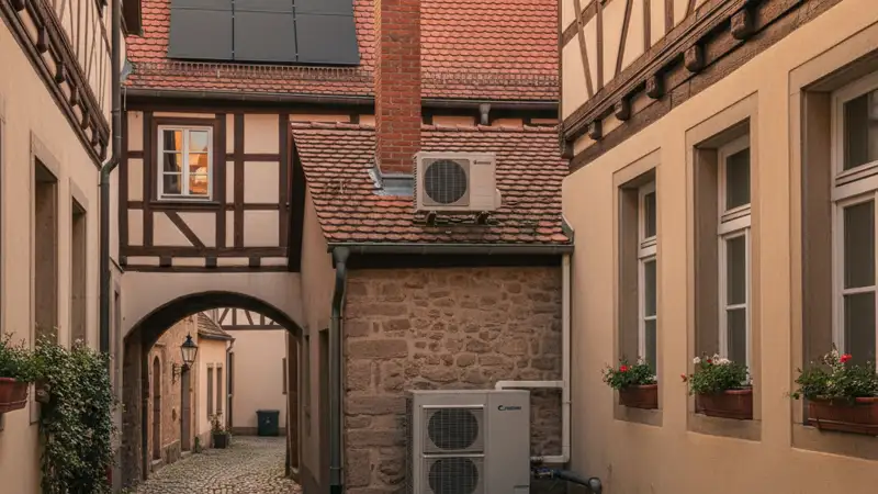 Aalener Altstadtfassade mit engem Innenhof als Planungsfall für eine Wärmepumpe