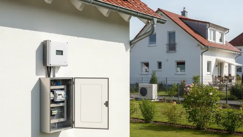 Modern German electrical meter cabinet (Zählerschrank) with smart meter and solar inverter connection, clean technical installation