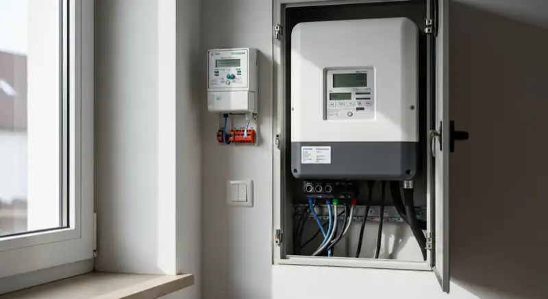 Modern German electrical meter cabinet (Zählerschrank) with smart meter and solar inverter connection, clean technical installation