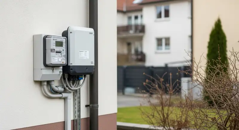 Modern German electrical meter cabinet (Zählerschrank) with smart meter and solar inverter connection, clean technical installation