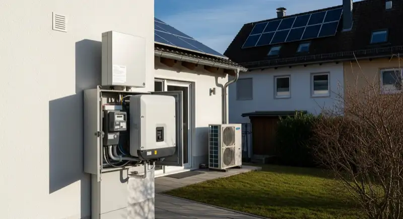 Modern German electrical meter cabinet (Zählerschrank) with smart meter and solar inverter connection, clean technical installation