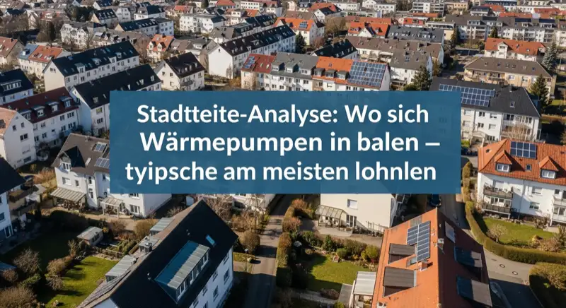 Aerial drone view of typical German residential neighborhood with mixed roof types, red and dark roof tiles, gardens visible, sunny day