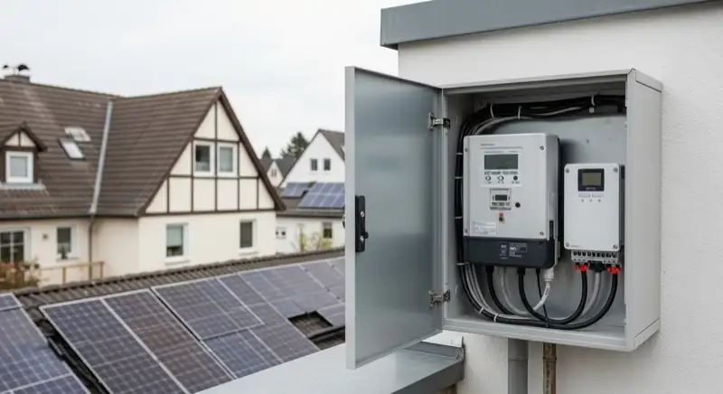 Modern German electrical meter cabinet (Zählerschrank) with smart meter and solar inverter connection, clean technical installation