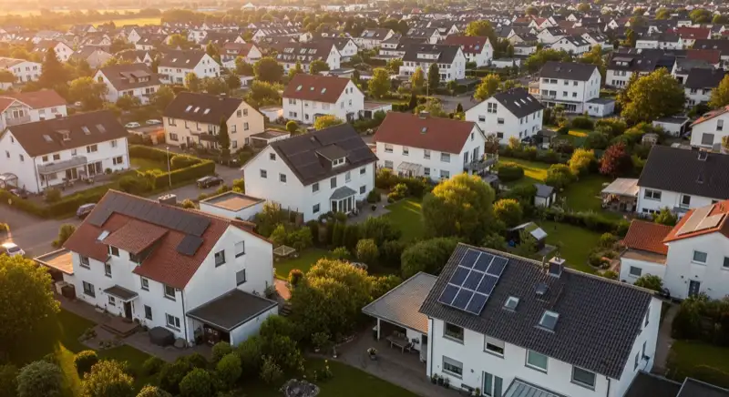 Aerial drone view of typical German residential neighborhood with mixed roof types, red and dark roof tiles, gardens visible, sunny day