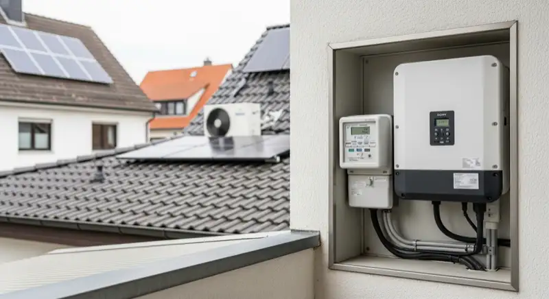 Modern German electrical meter cabinet (Zählerschrank) with smart meter and solar inverter connection, clean technical installation