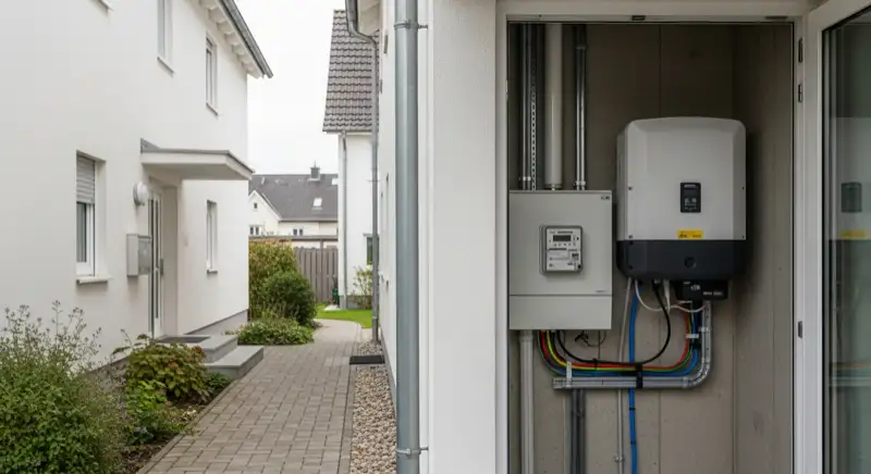 Modern German electrical meter cabinet (Zählerschrank) with smart meter and solar inverter connection, clean technical installation