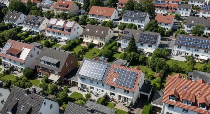 Aerial drone view of typical German residential neighborhood with mixed roof types, red and dark roof tiles, gardens visible, sunny day