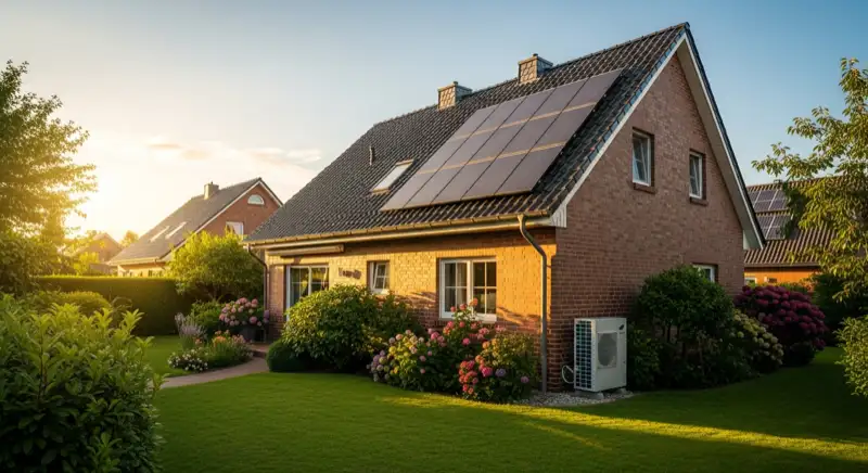 German detached house (Einfamilienhaus) with photovoltaic panels on pitched roof, well-maintained garden, warm afternoon sunlight
