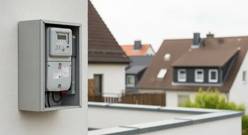Modern German electrical meter cabinet (Zählerschrank) with smart meter and solar inverter connection, clean technical installation