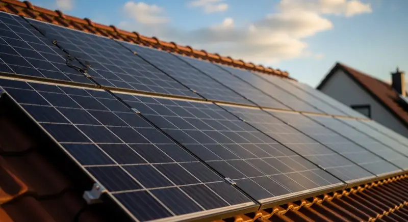 Close-up of photovoltaic solar panels installed on a traditional German Satteldach (gabled roof), blue sky with some clouds